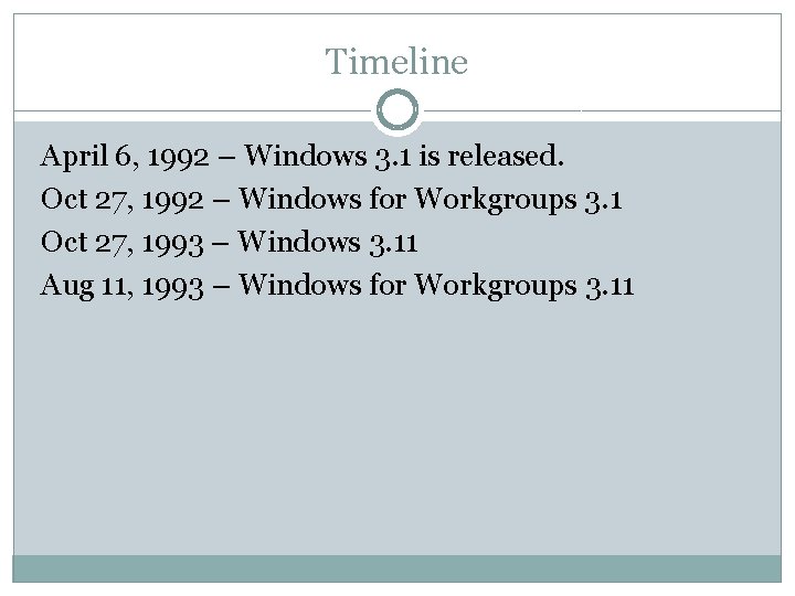 Timeline April 6, 1992 – Windows 3. 1 is released. Oct 27, 1992 –