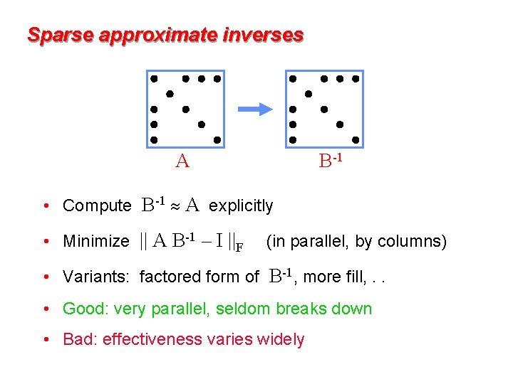 Sparse approximate inverses A B-1 • Compute B-1 A explicitly • Minimize || A