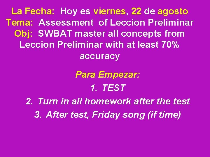 La Fecha: Hoy es viernes, 22 de agosto Tema: Assessment of Leccion Preliminar Obj: