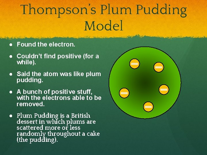 Thompson’s Plum Pudding Model ● Found the electron. ● Couldn’t find positive (for a