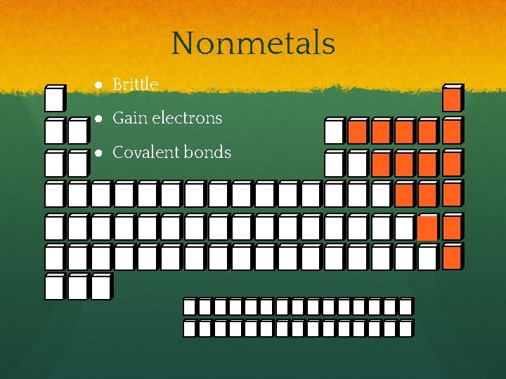 Nonmetals ● Brittle ● Gain electrons ● Covalent bonds 