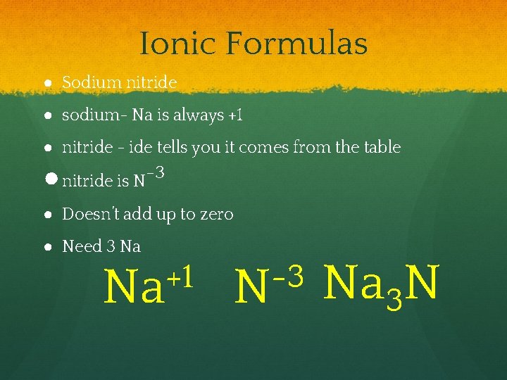 Ionic Formulas ● Sodium nitride ● sodium- Na is always +1 ● nitride -