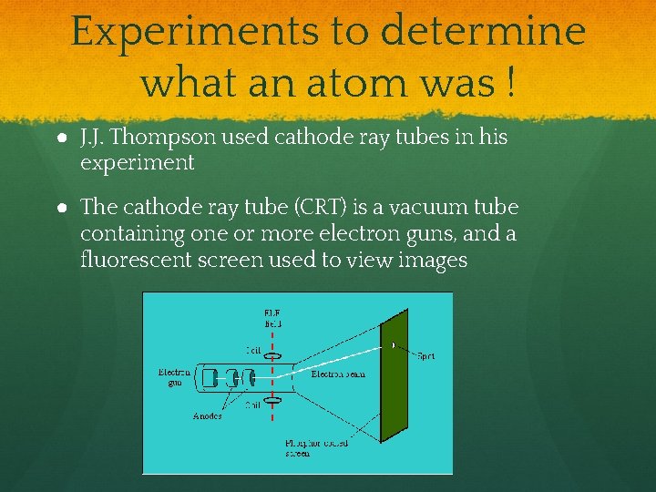 Experiments to determine what an atom was ! ● J. J. Thompson used cathode