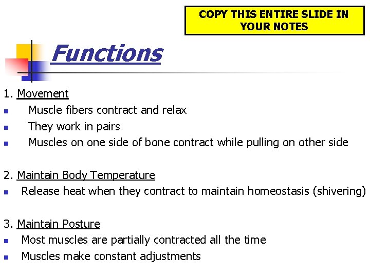 COPY THIS ENTIRE SLIDE IN YOUR NOTES Functions 1. Movement n Muscle fibers contract