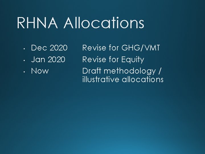 RHNA Allocations • • • Dec 2020 Jan 2020 Now Revise for GHG/VMT Revise