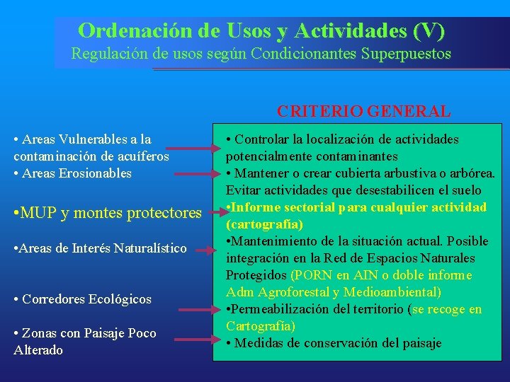 Ordenación de Usos y Actividades (V) Regulación de usos según Condicionantes Superpuestos CRITERIO GENERAL