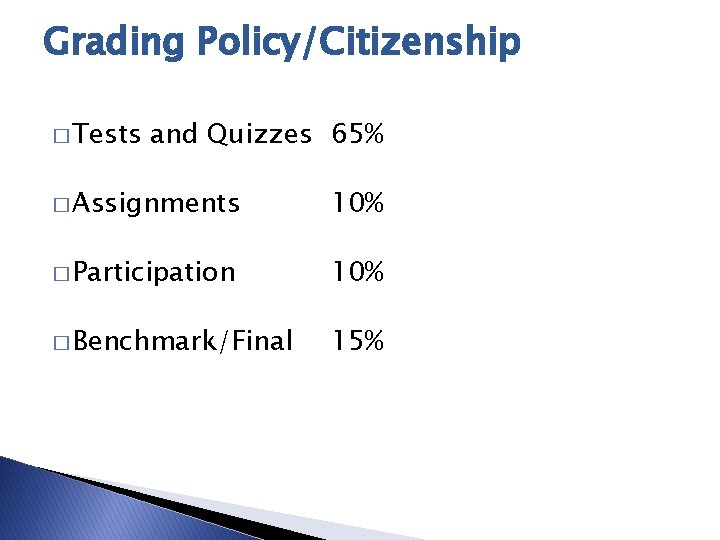 Grading Policy/Citizenship � Tests and Quizzes 65% � Assignments 10% � Participation 10% �
