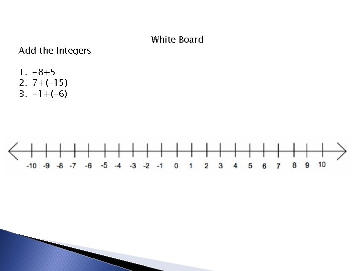 Add the Integers 1. -8+5 2. 7+(-15) 3. -1+(-6) White Board 