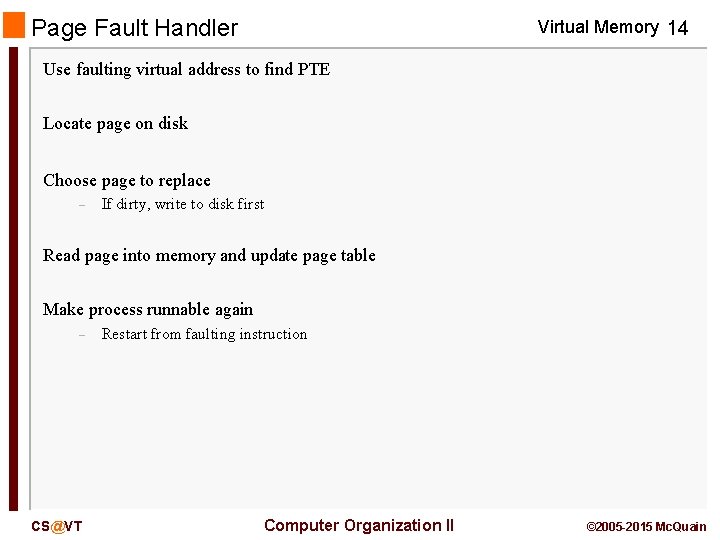 Page Fault Handler Virtual Memory 14 Use faulting virtual address to find PTE Locate