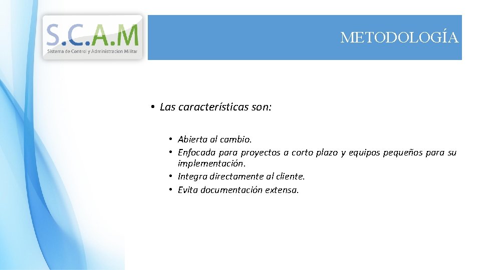 METODOLOGÍA • Las características son: • Abierta al cambio. • Enfocada para proyectos a