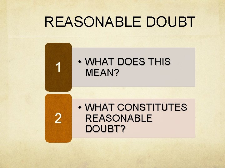 REASONABLE DOUBT 1 • WHAT DOES THIS MEAN? 2 • WHAT CONSTITUTES REASONABLE DOUBT?