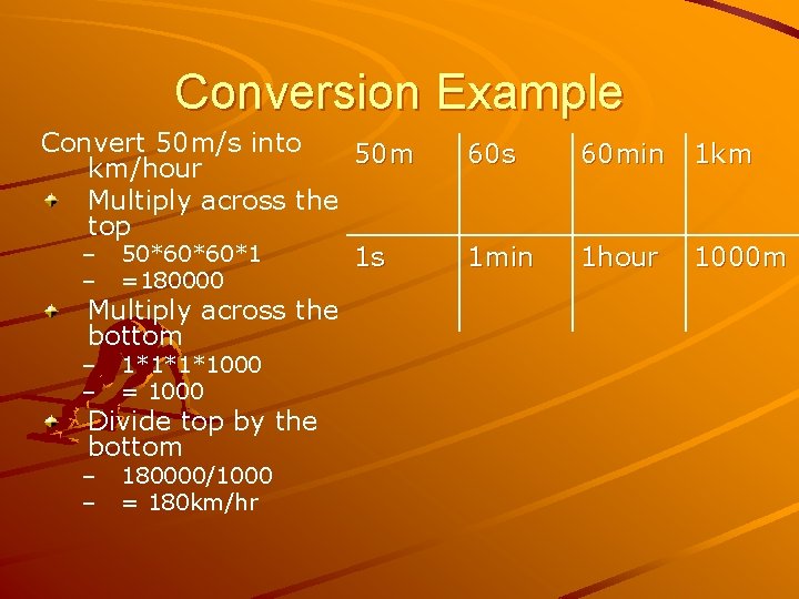 Conversion Example Convert 50 m/s into 50 m km/hour Multiply across the top – Conversion Example Convert 50 m/s into 50 m km/hour Multiply across the top –