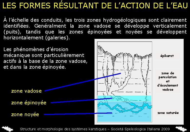 LES FORMES RÉSULTANT DE L’ACTION DE L’EAU À l’échelle des conduits, les trois zones