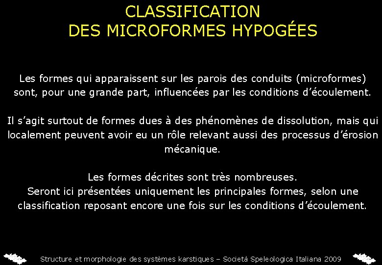 CLASSIFICATION DES MICROFORMES HYPOGÉES Les formes qui apparaissent sur les parois des conduits (microformes)