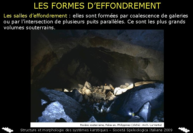 LES FORMES D’EFFONDREMENT Les salles d’effondrement : elles sont formées par coalescence de galeries