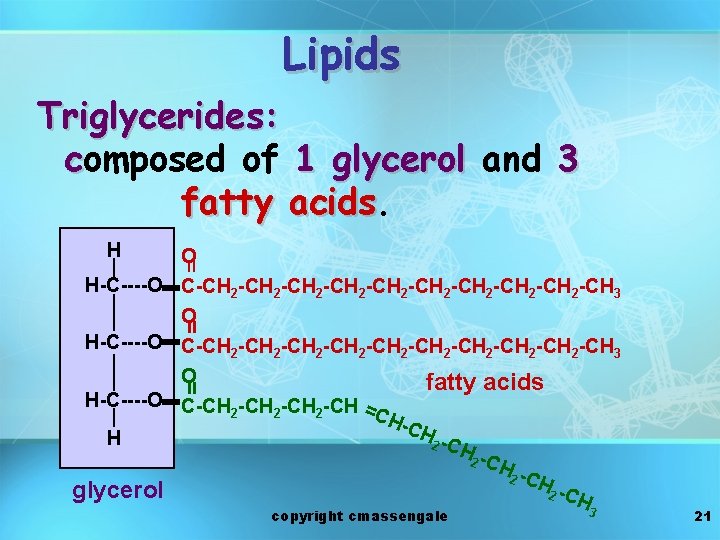 Lipids Triglycerides: composed of 1 glycerol and 3 fatty acids H = O H-C----O