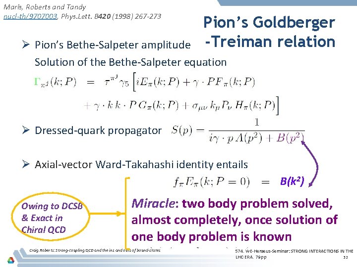 Maris, Roberts and Tandy nucl-th/9707003, Phys. Lett. B 420 (1998) 267 -273 Pion’s Goldberger