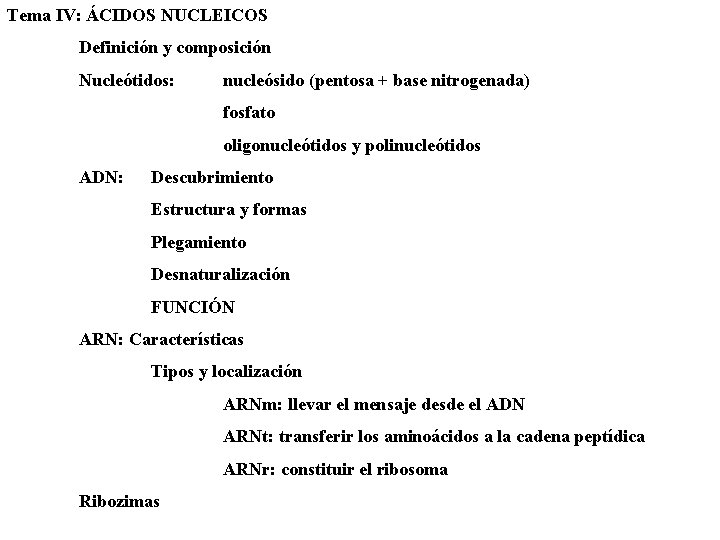 Tema IV: ÁCIDOS NUCLEICOS Definición y composición Nucleótidos: nucleósido (pentosa + base nitrogenada) fosfato