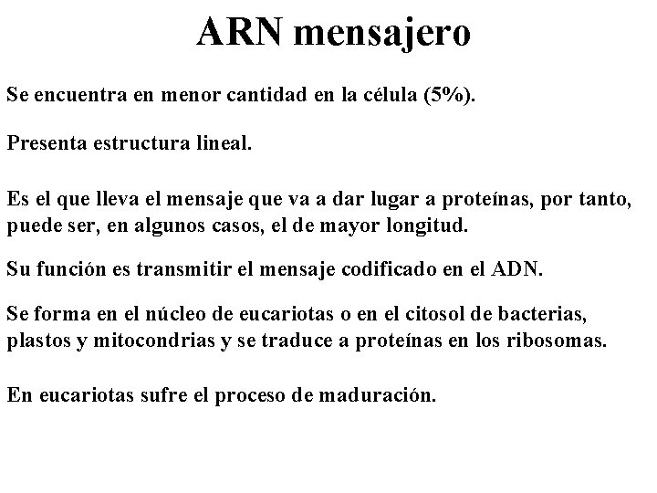 ARN mensajero Se encuentra en menor cantidad en la célula (5%). Presenta estructura lineal.