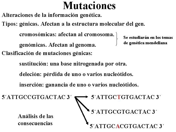 Mutaciones Alteraciones de la información genética. Tipos: génicas. Afectan a la estructura molecular del