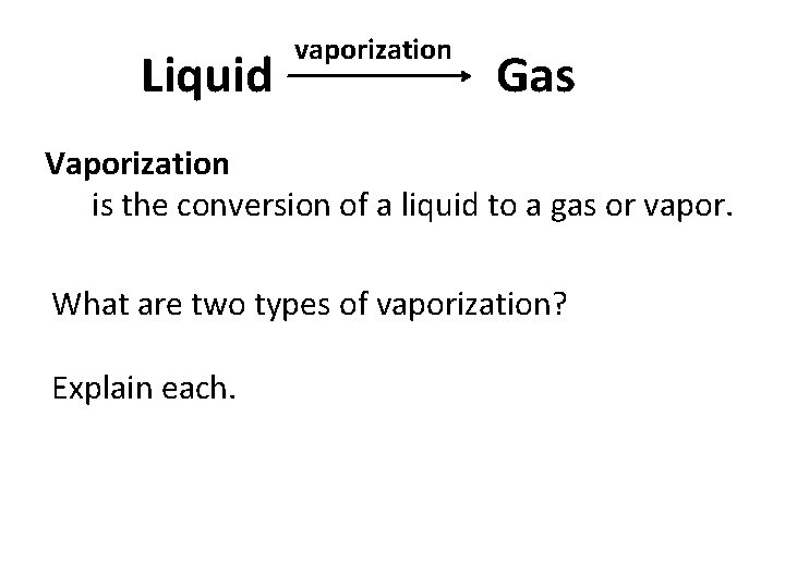 Liquid vaporization Gas Vaporization is the conversion of a liquid to a gas or