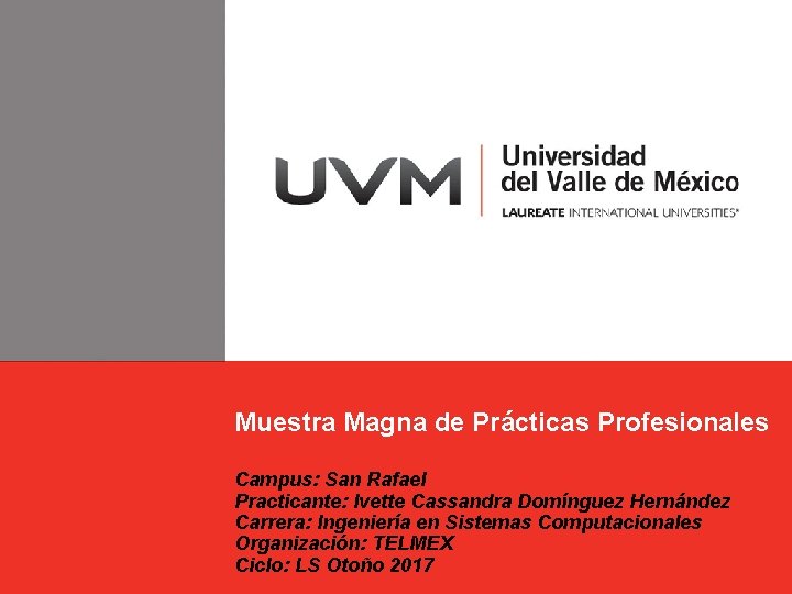 Muestra Magna de Prácticas Profesionales Campus: San Rafael Practicante: Ivette Cassandra Domínguez Hernández Carrera: