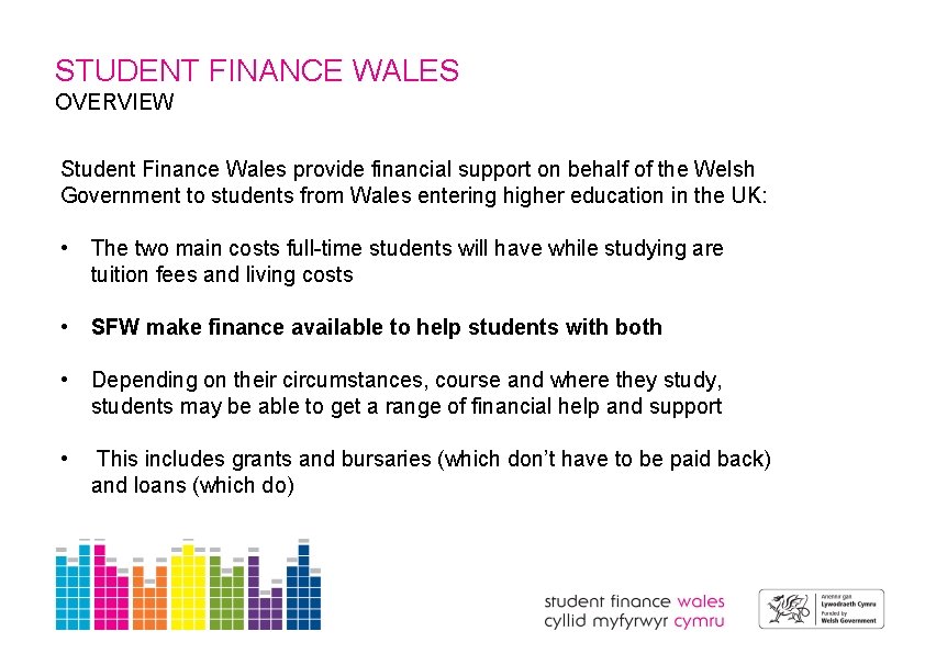 STUDENT FINANCE WALES OVERVIEW Student Finance Wales provide financial support on behalf of the