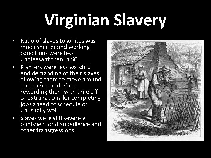 Virginian Slavery • Ratio of slaves to whites was much smaller and working conditions Virginian Slavery • Ratio of slaves to whites was much smaller and working conditions