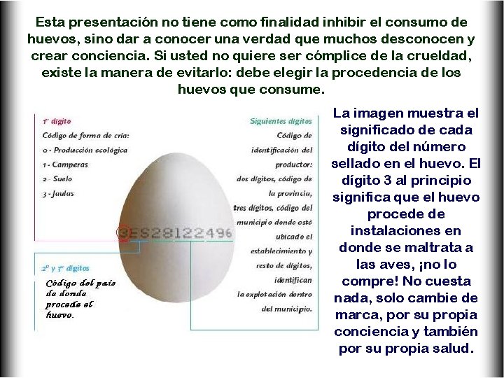 Esta presentación no tiene como finalidad inhibir el consumo de huevos, sino dar a