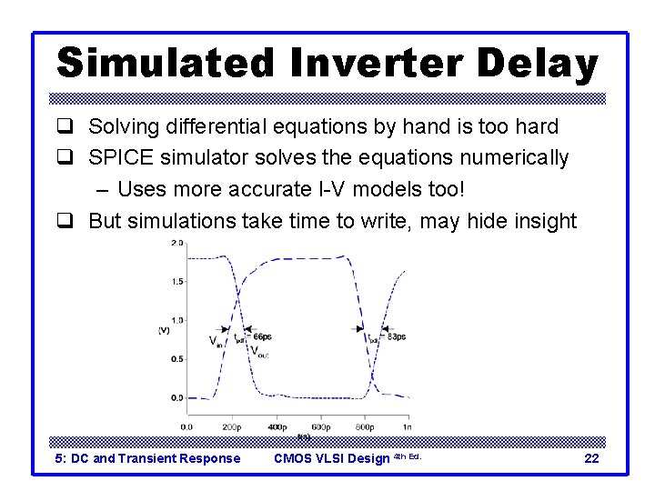 Simulated Inverter Delay q Solving differential equations by hand is too hard q SPICE