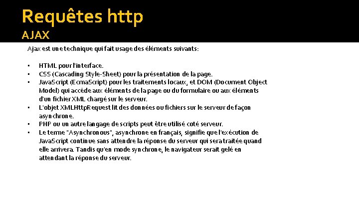 Requêtes http AJAX Ajax est une technique qui fait usage des éléments suivants: •