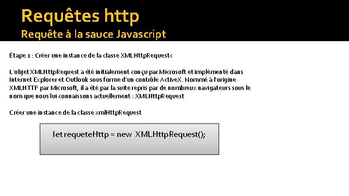 Requêtes http Requête à la sauce Javascript Étape 1 : Créer une instance de