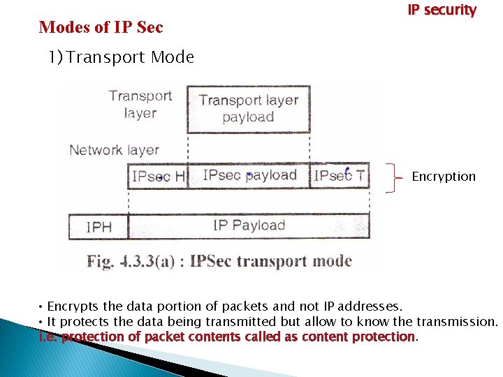 Modes of IP Sec IP security 1) Transport Mode Encryption • Encrypts the data