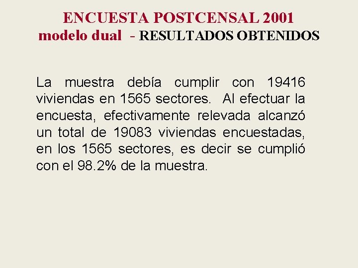 ENCUESTA POSTCENSAL 2001 modelo dual - RESULTADOS OBTENIDOS La muestra debía cumplir con 19416