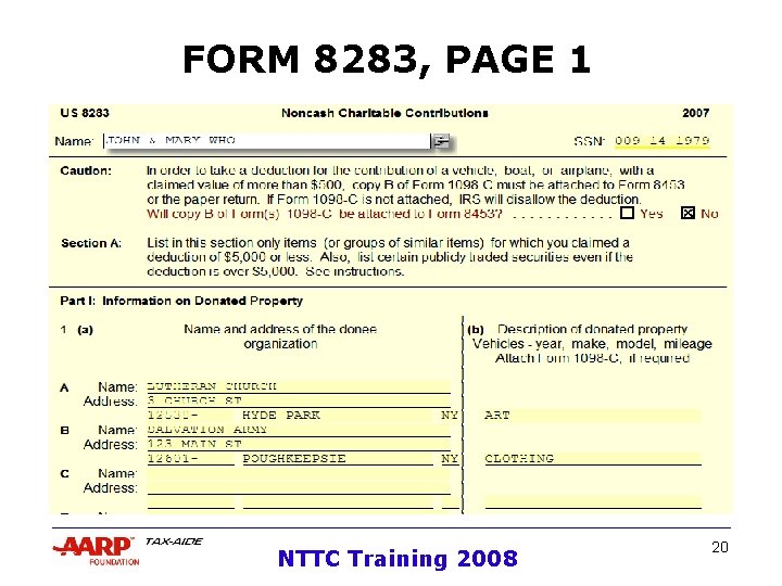 FORM 8283, PAGE 1 NTTC Training 2008 20 
