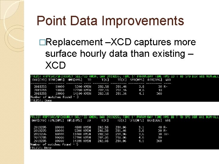 Point Data Improvements �Replacement –XCD captures more surface hourly data than existing – XCD