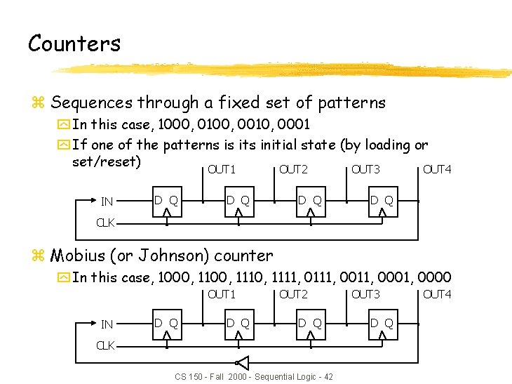 Counters z Sequences through a fixed set of patterns y In this case, 1000,