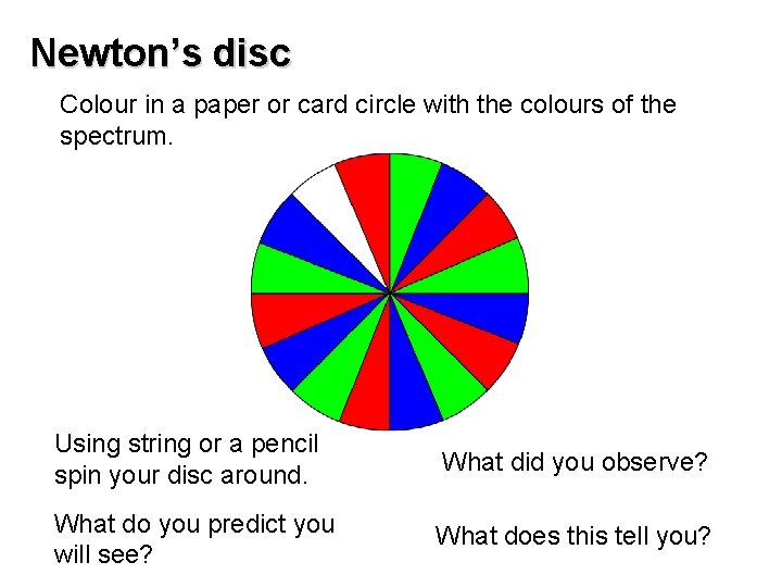 Newton’s disc Colour in a paper or card circle with the colours of the