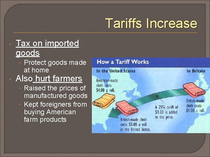 Tariffs Increase Tax on imported goods • Protect goods made at home Also hurt