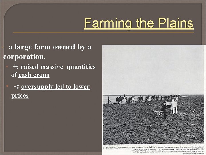 Farming the Plains a large farm owned by a corporation. • +: raised massive