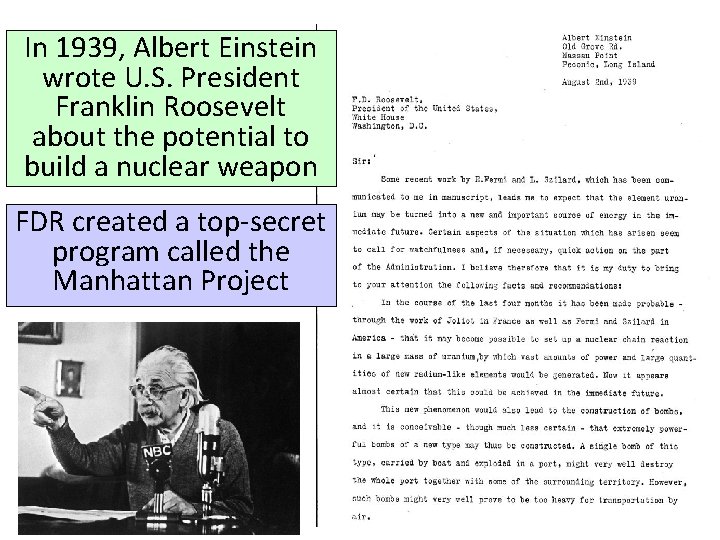 In 1939, Albert Einstein wrote U. S. President Franklin Roosevelt about the potential to