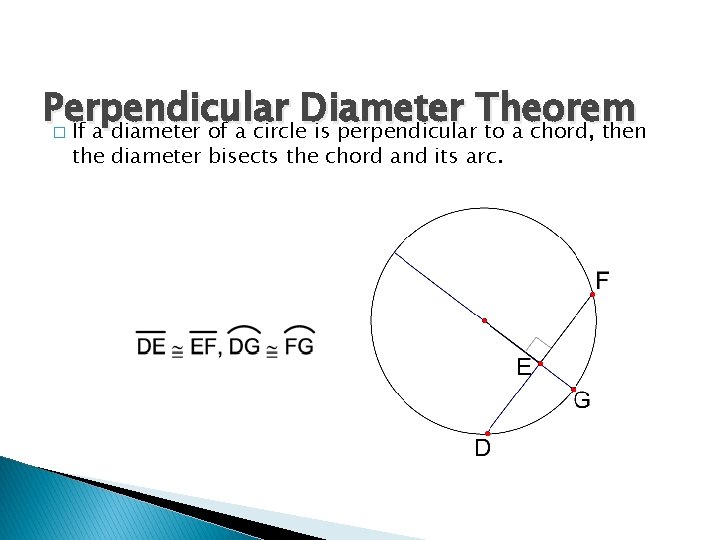 Perpendicular Diameter Theorem If a diameter of a circle is perpendicular to a chord,