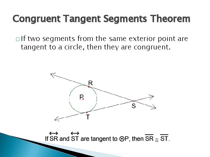 Congruent Tangent Segments Theorem � If two segments from the same exterior point are