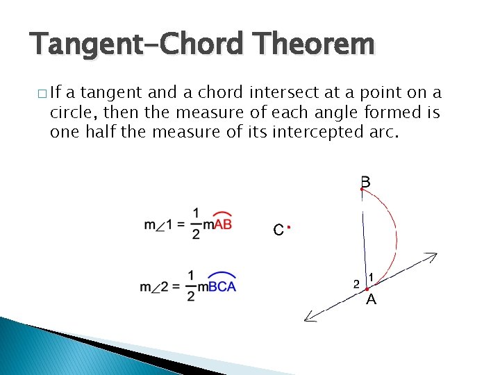 Tangent-Chord Theorem � If a tangent and a chord intersect at a point on