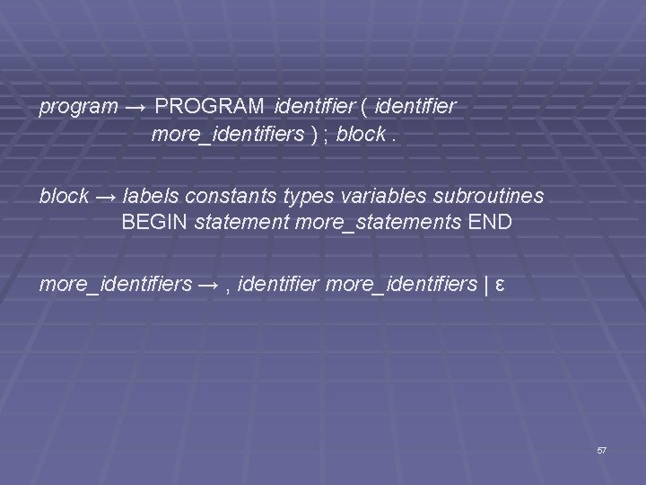 program → PROGRAM identifier ( identifier more_identifiers ) ; block → labels constants types