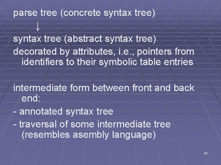 parse tree (concrete syntax tree) ↓ syntax tree (abstract syntax tree) decorated by attributes,