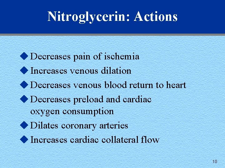 Nitroglycerin: Actions u Decreases pain of ischemia u Increases venous dilation u Decreases venous