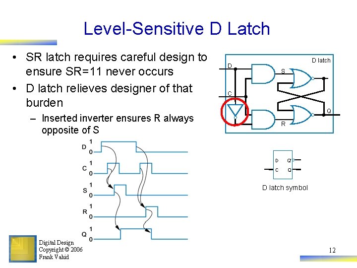 Level-Sensitive D Latch • SR latch requires careful design to ensure SR=11 never occurs