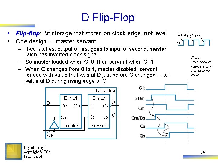 D Flip-Flop • Flip-flop: Bit storage that stores on clock edge, not level •