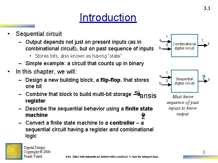 3. 1 Introduction • Sequential circuit – Output depends not just on present inputs